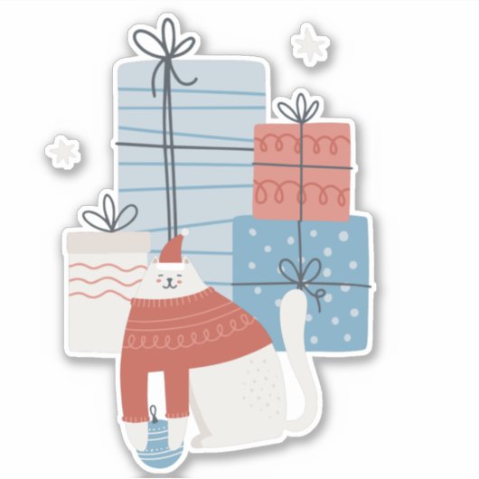 White cat red sweater cadeaus giften siervoorwerpe sticker (Voorkant)