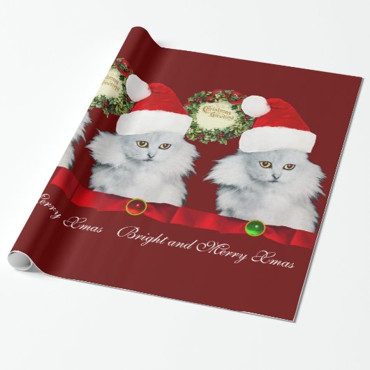 WHITE CAT, SANTA CLAUS PET EN CHRISTMAS CROWNEN CADEAUPAPIER (Uitgerold)
