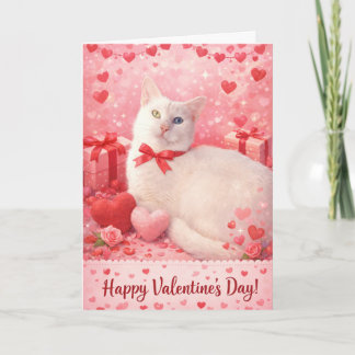 White cat valentine's day hearts card kaart