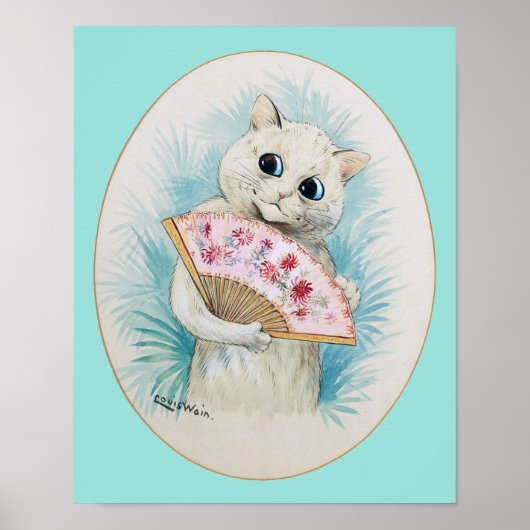 White Cat with Fan, Louis Wain Poster (Voorkant)
