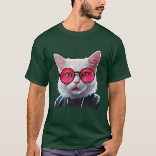 White Cat with Pink Glasses Cool T-shirt (Voorkant)