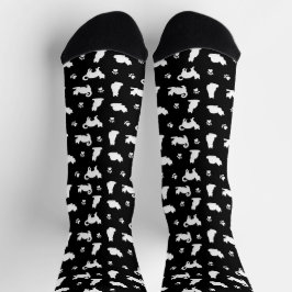 White Cats and Paw Prints on Black Pattern Sokken