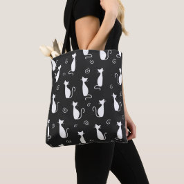 White Cats Pattern op Black Tote Bag