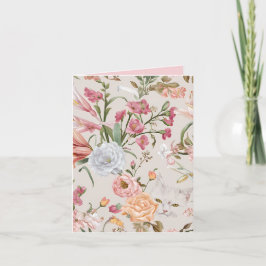 White Cats Pink Roses Floral Flat Thank You Card Kaart