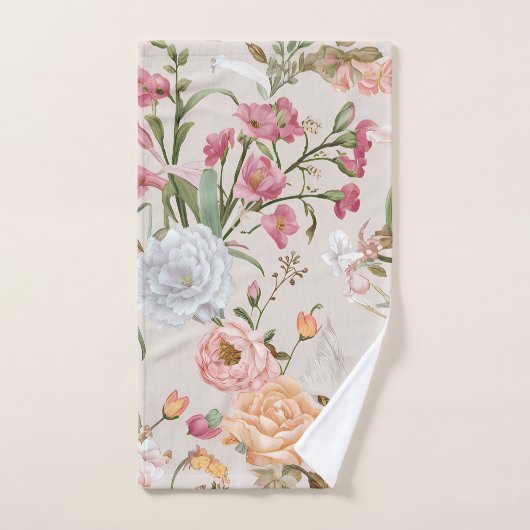 White Cats Pink Roses Floral Handdoek (Handdoek)