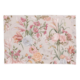 White Cats Pink Roses Floral Kussensloop