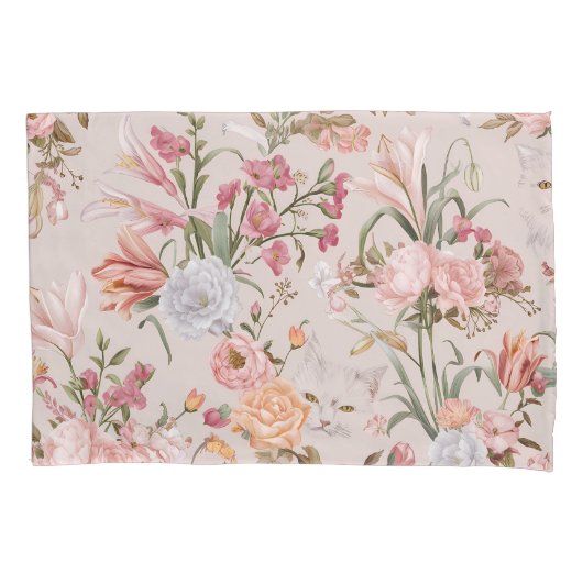 White Cats Pink Roses Floral Kussensloop (Voorkant-Links)