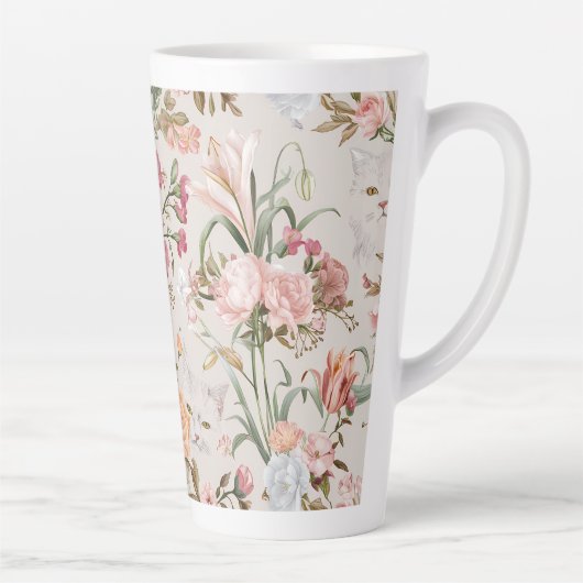 White Cats Pink Roses Floral Latte Mok (Rechts)