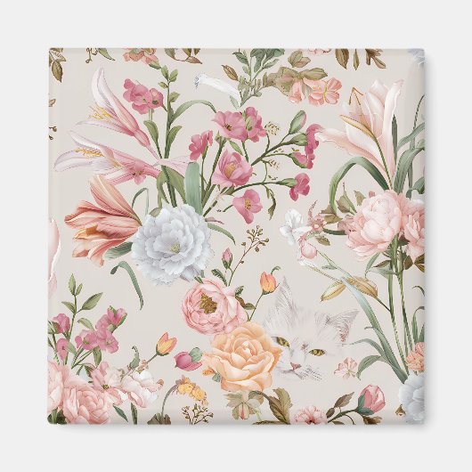 White Cats Pink Roses Floral Magneet (Voorkant)