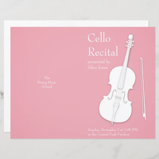 White Cello & Bow Folded Music Overweging Program (Voorkant / Achterkant)