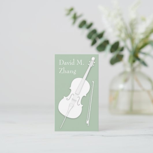 White Cello & Bow Pea Green String Player Teacher Visitekaartje (Staand voorkant)
