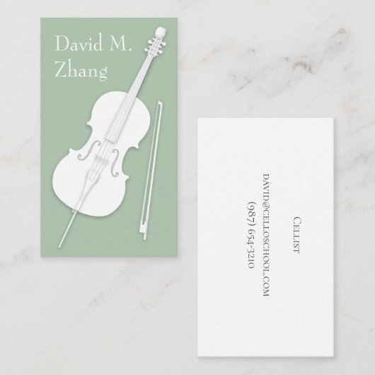 White Cello & Bow Pea Green String Player Teacher Visitekaartje (Voorkant / Achterkant)
