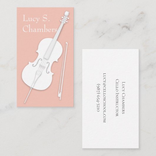 White Cello & Bow Peach roze String Player Visitekaartje (Voorkant / Achterkant)