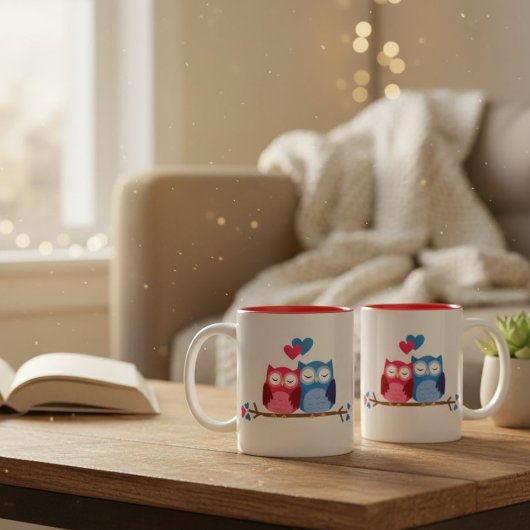 White Ceramic Mug with Romantic Owl Couple Tweekleurige Koffiemok