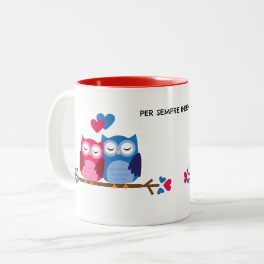 White Ceramic Mug with Romantic Owl Couple Tweekleurige Koffiemok (Voorkant links)