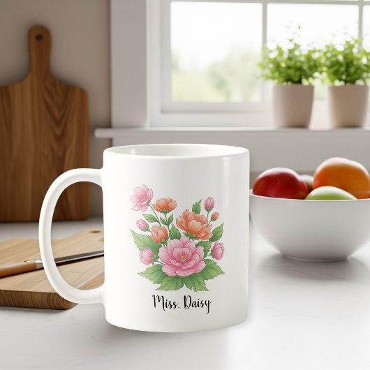 White Ceramic Personalized Mug with Floral Design  Koffiemok