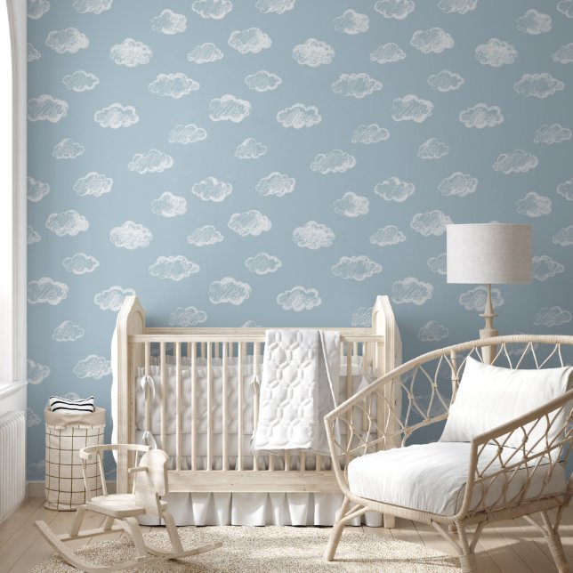 White Chalk Clouds On Powder Blue Background Behang (Kinderen)