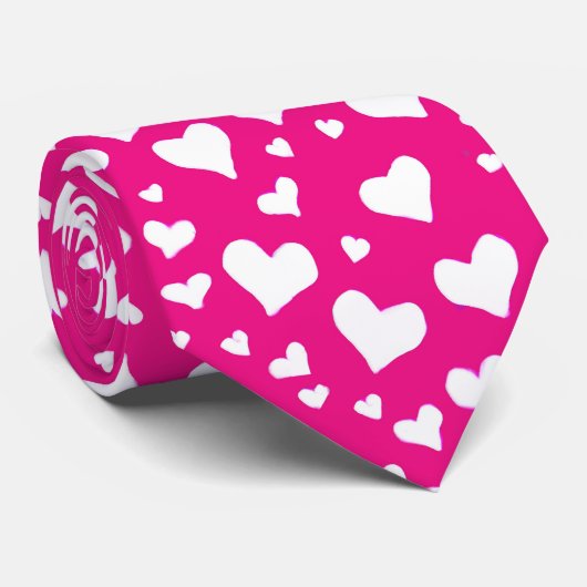 White Chalk Hearts on Fuchsia Pink Stropdas (Opgerold)