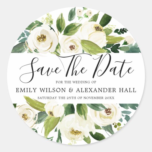 White Champagne Floral Wedding Save the Date Ronde Sticker (Voorkant)