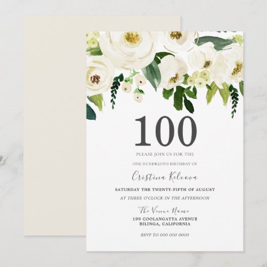 White Champagne Flowers 100th Birthday Party Kaart (Voorkant / Achterkant)