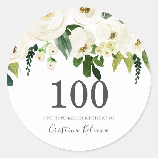 White Champagne Flowers 100th Birthday Party Ronde Sticker (Voorkant)