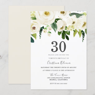 White Champagne Flowers 30th Birthday Party Kaart