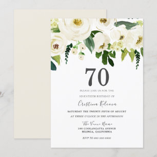 White Champagne Flowers 70th Birthday Party Kaart