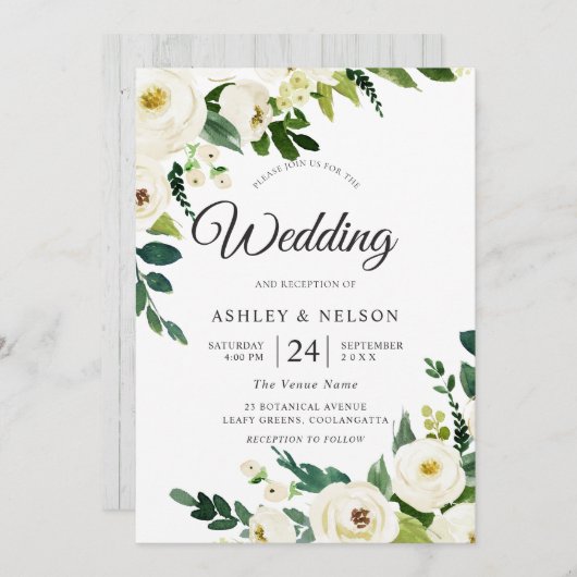 White Champagne Flowers Elegant Rustic Wedding Kaart (Voorkant / Achterkant)