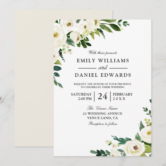 White Champagne Flowers Elegant Wedding Invitation Kaart (Voorkant / Achterkant)