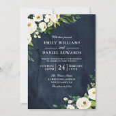 White Champagne Flowers & Navy Wedding Invitation Kaart (Voorkant)
