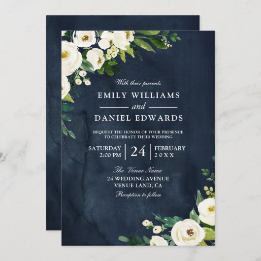 White Champagne Flowers & Navy Wedding Invitation Kaart (Voorkant / Achterkant)