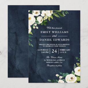 White Champagne Flowers & Navy Wedding Invitation Kaart