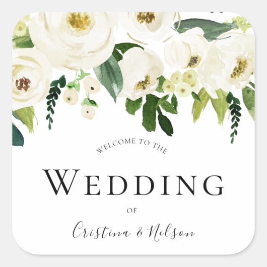 White Champagne Flowers Weddenschap Welkom Dank je Vierkante Sticker (Voorkant)