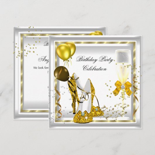 White Champagne Gold Glitter Heels Birthday Party Kaart (Voorkant / Achterkant)