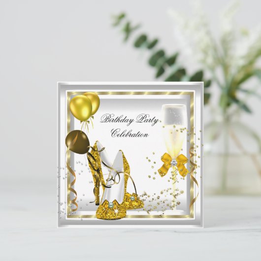 White Champagne Gold Glitter Heels Birthday Party Kaart (Staand voorkant)