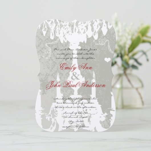 White Chandeliers on Silver Cloud Wedding Kaart (Staand voorkant)