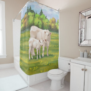 White Charolais Koe & Cute Calf Beef Cattle Douchegordijn