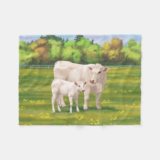 White Charolais Koe & Cute Calf Beef Cattle Fleece Deken (Voorkant (Horizontaal))