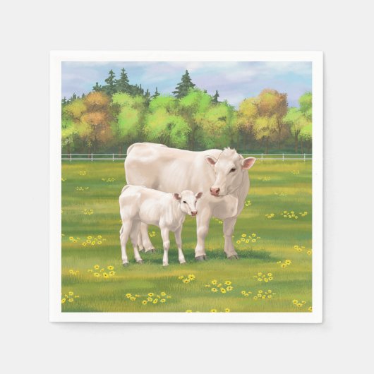 White Charolais Koe & Cute Calf Beef Cattle Servet (Voorkant)