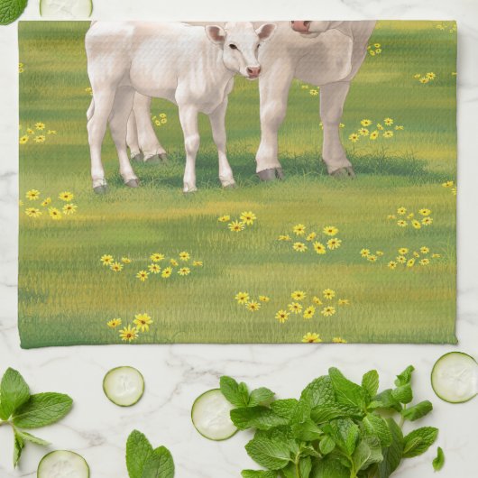White Charolais Koe & Cute Calf Beef Cattle Theedoek (Gevouwen)