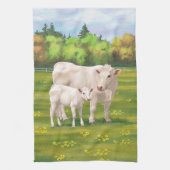 White Charolais Koe & Cute Calf Beef Cattle Theedoek (Verticaal)