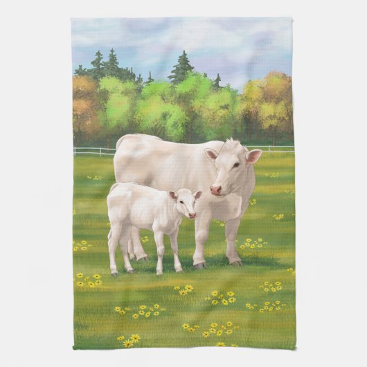 White Charolais Koe & Cute Calf Beef Cattle Theedoek (Verticaal)