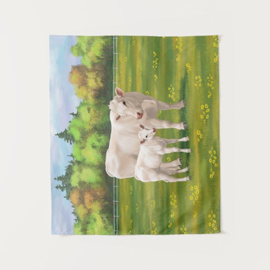 White Charolais Koe & Cute Calf Beef Cattle Wandkleed (Voorkant)