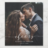 White Cheers Elegant Calligraphy Wedding Photo Wijn Etiket (Enkel label)