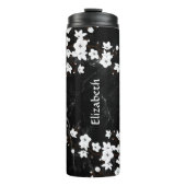 White Cherry Blossom Black Marble Monogram Thermosbeker (Voorkant)