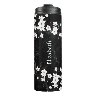 White Cherry Blossom Black Marble Monogram Thermosbeker