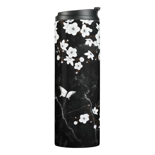 White Cherry Blossom Black Marble Monogram Thermosbeker (Gedraaid links)