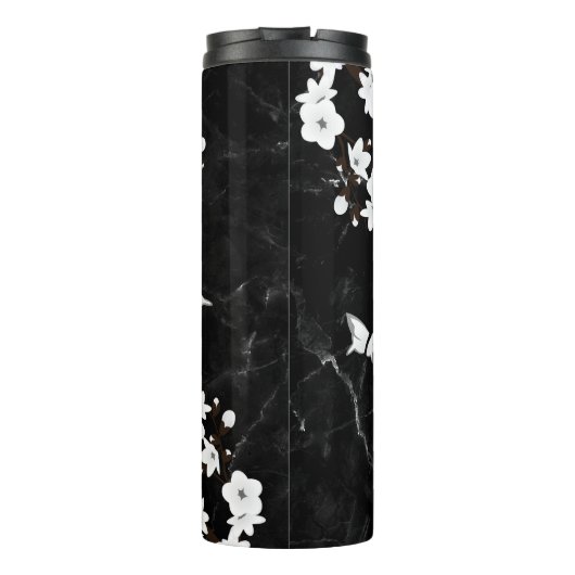 White Cherry Blossom Black Marble Monogram Thermosbeker (Achterkant)