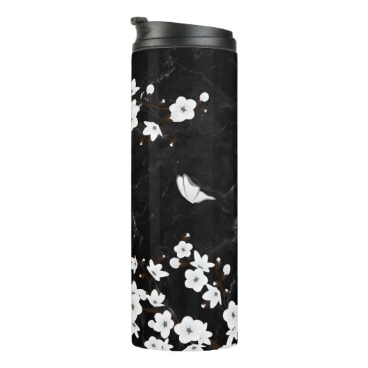 White Cherry Blossom Black Marble Monogram Thermosbeker (Geroteerd rechts)