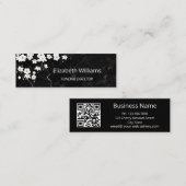 White Cherry Blossom Black Marble QR Code Mini Visitekaartje (Voorkant / Achterkant)